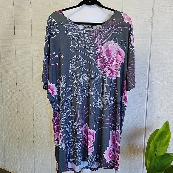 KAHULALE'A Hawaii Cattleya Orchid T-Shirt Midi Casual Dress Pink Gray Islandwear - Picture 1 of 7